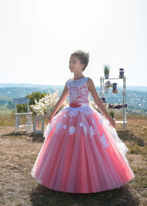 Lace Tulle Keyhole Back Long Peplum Flower Girl Dress